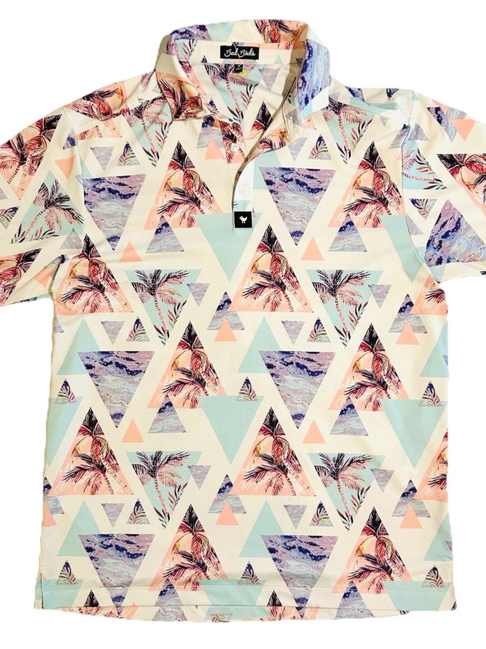 Bad Birdie Cali Polo Golf Shirt Men's M White Palms Beach Triangle Geometric